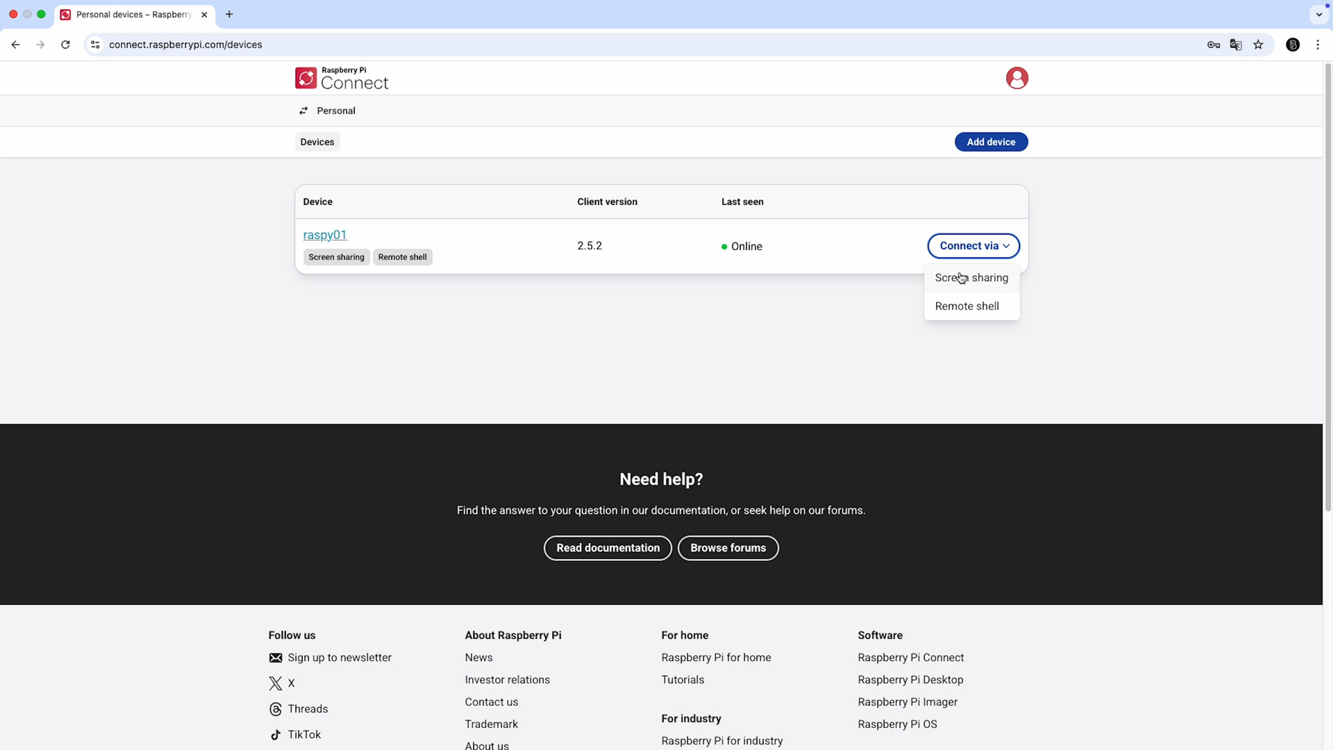 Raspberry Pi connect screenshot