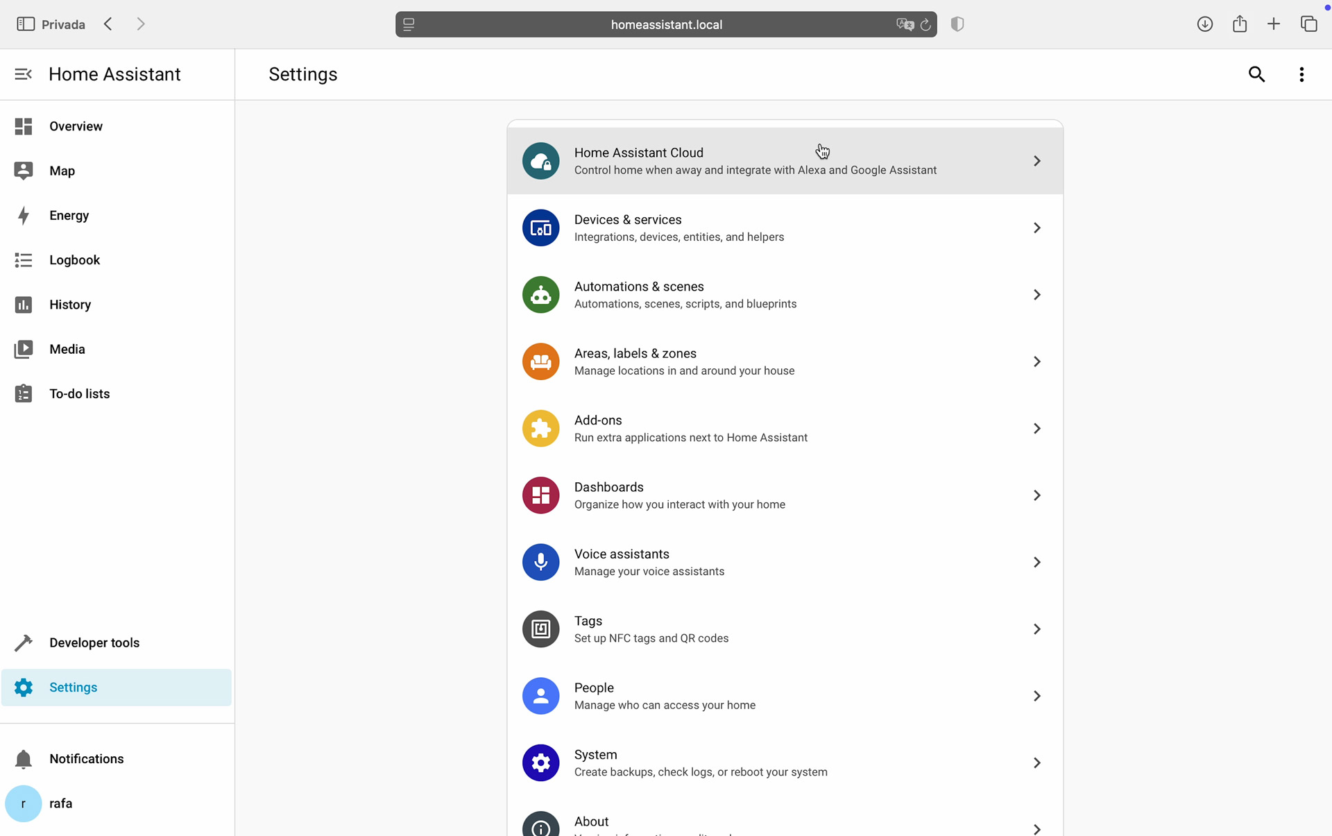 Home Assistant settings