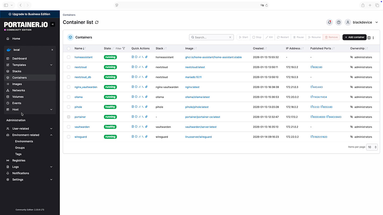 All containers running in our multi-service home server