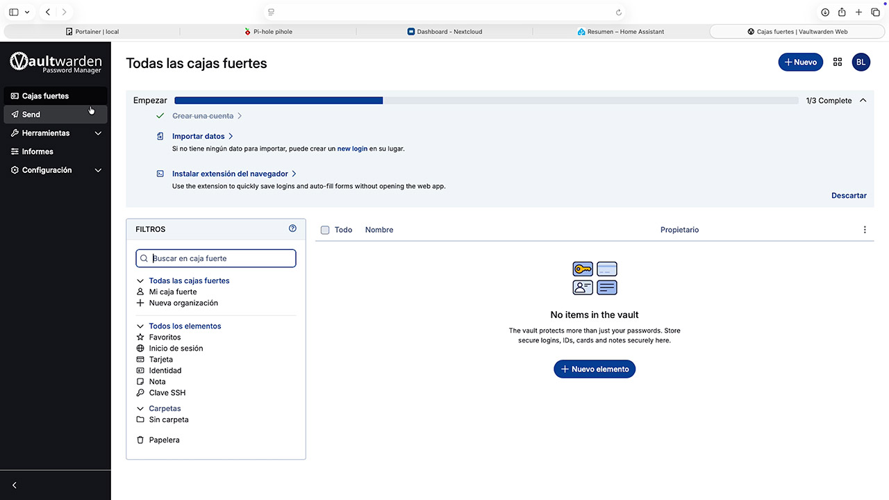 Vaultwarden password manager dashboard