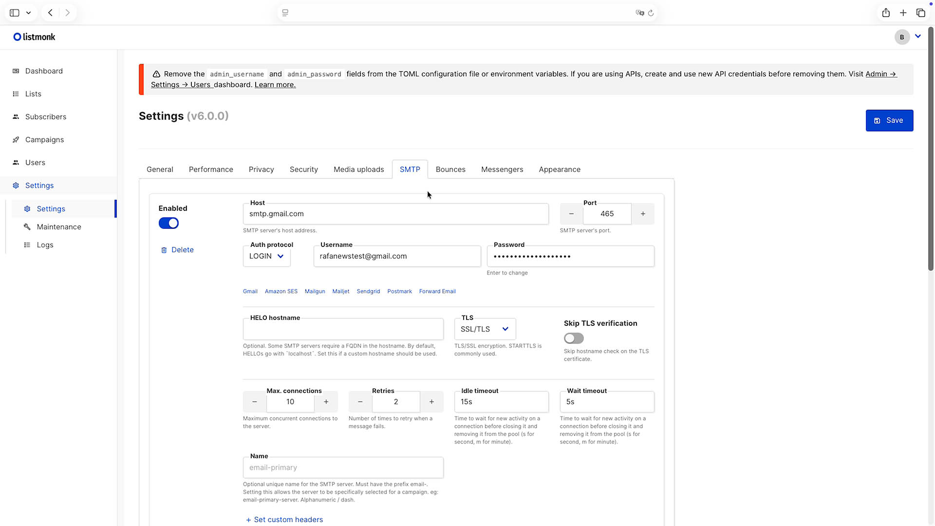 listmonk SMTP settings