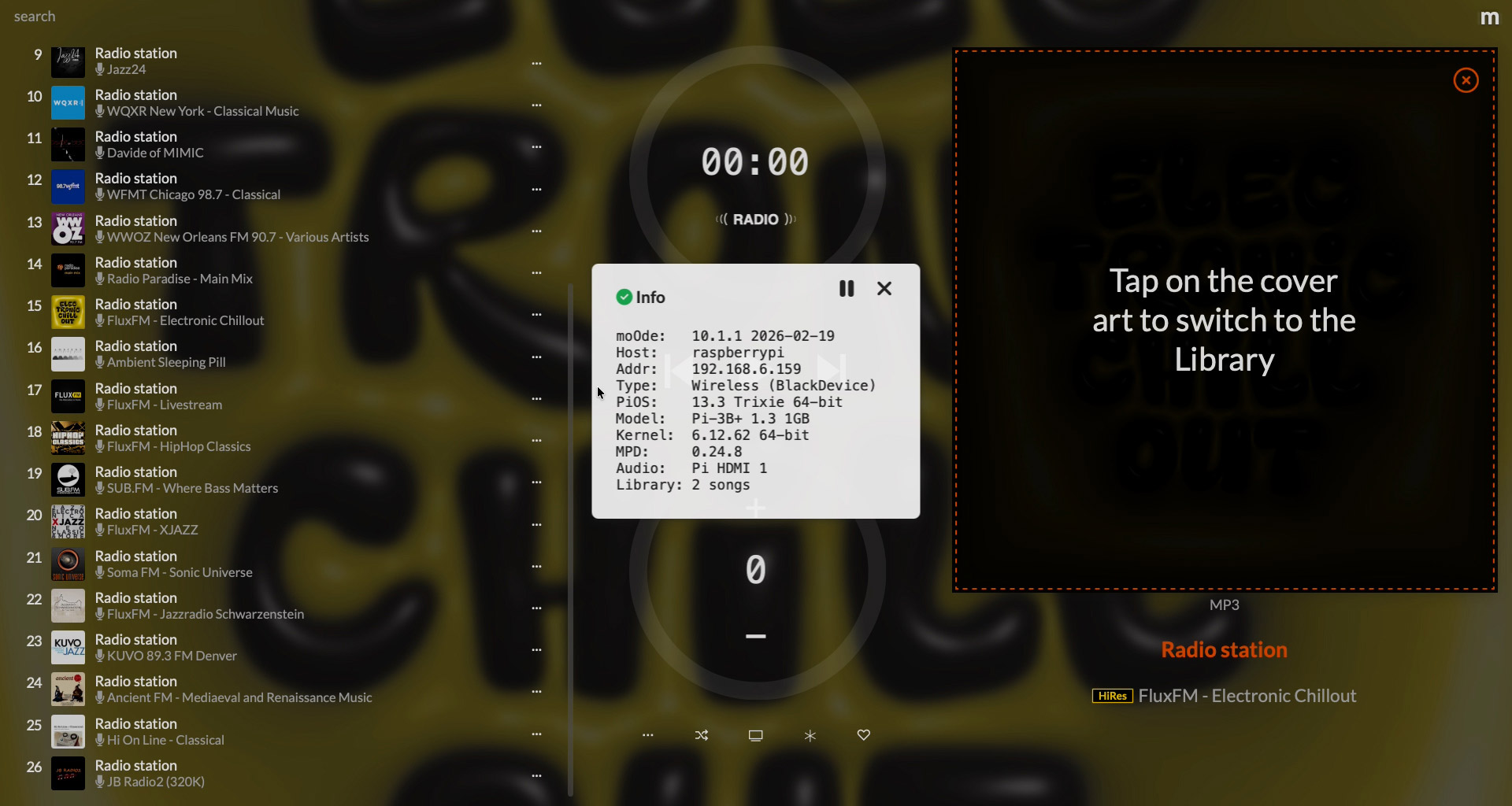 moOde audio streamer running on a Raspberry Pi 3